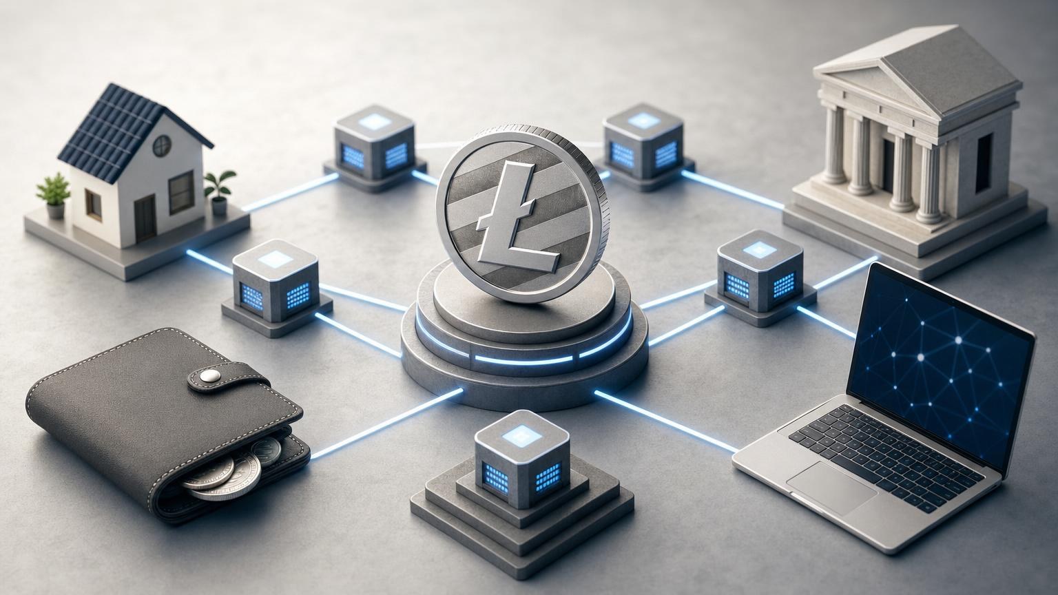 Representación de Litecoin con una cartera digital, nodos conectados y una transacción LTC avanzando por la red